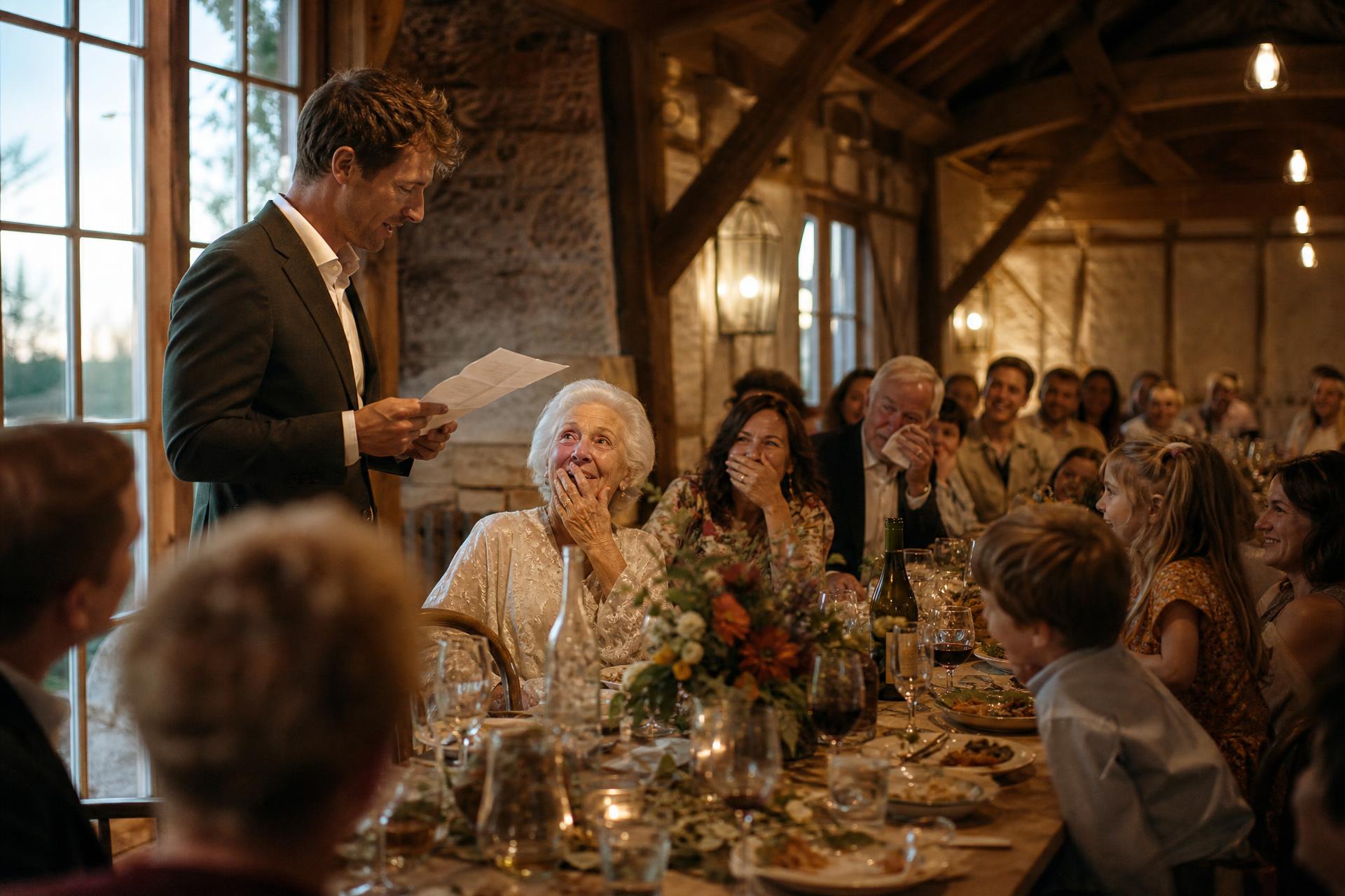 A long table in a restored barn at early evening, with a man reading aloud to a seated guest of honour and guests of every generation listening